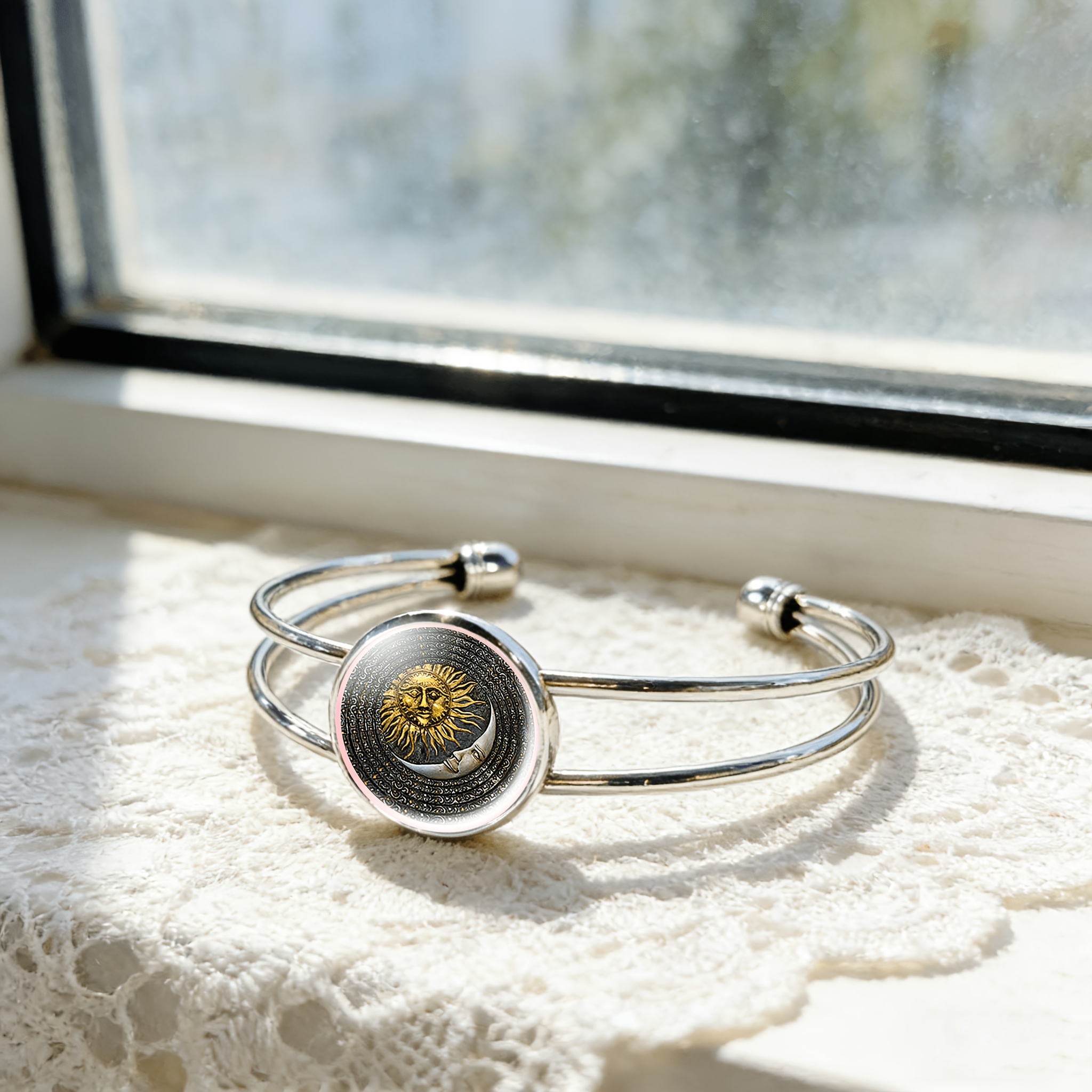 Adjustable Open Bangle Bracelet with Round Time Gemstone Inlay